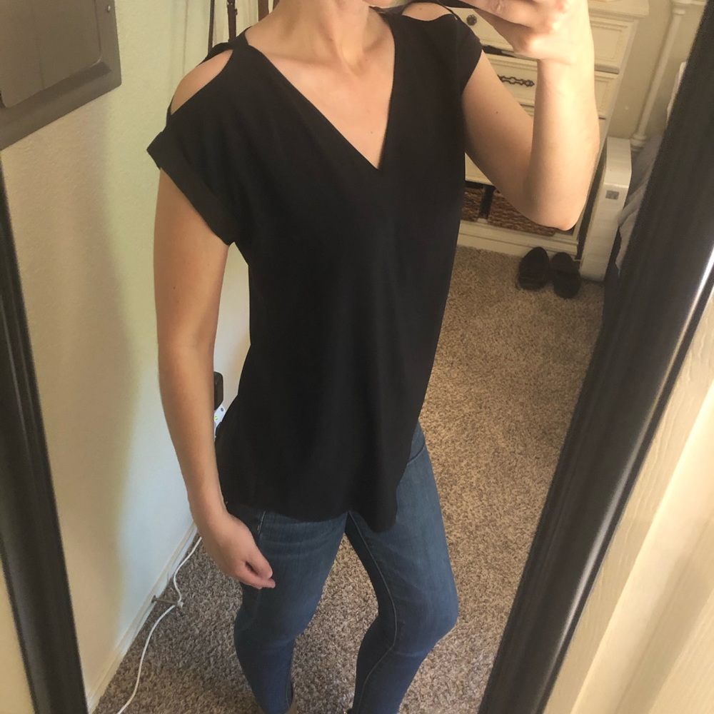 EXPRESS cold shoulder black satin v neck tee